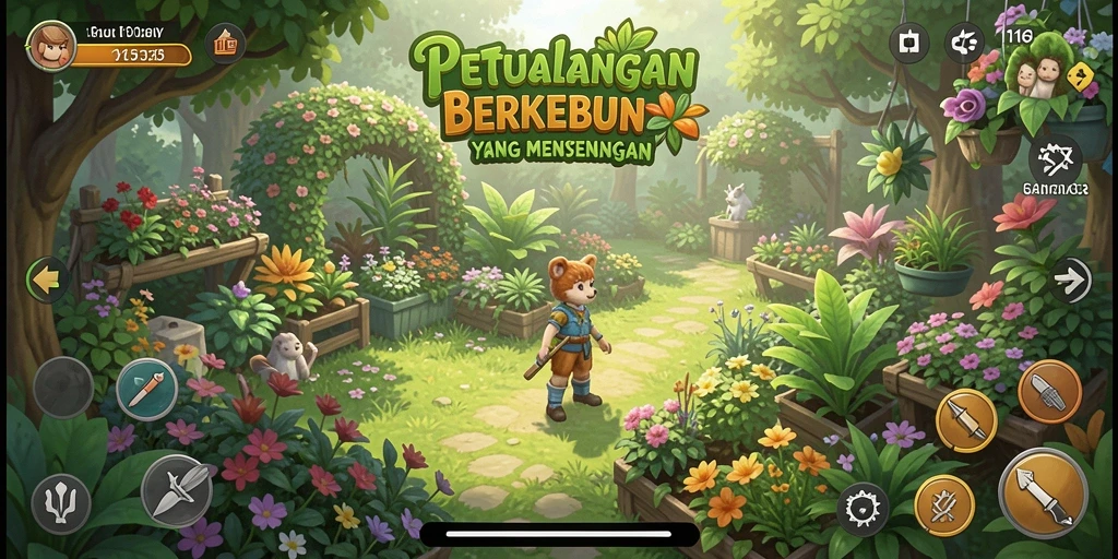 Tampilan gameplay menarik di kebun dalam 116X.