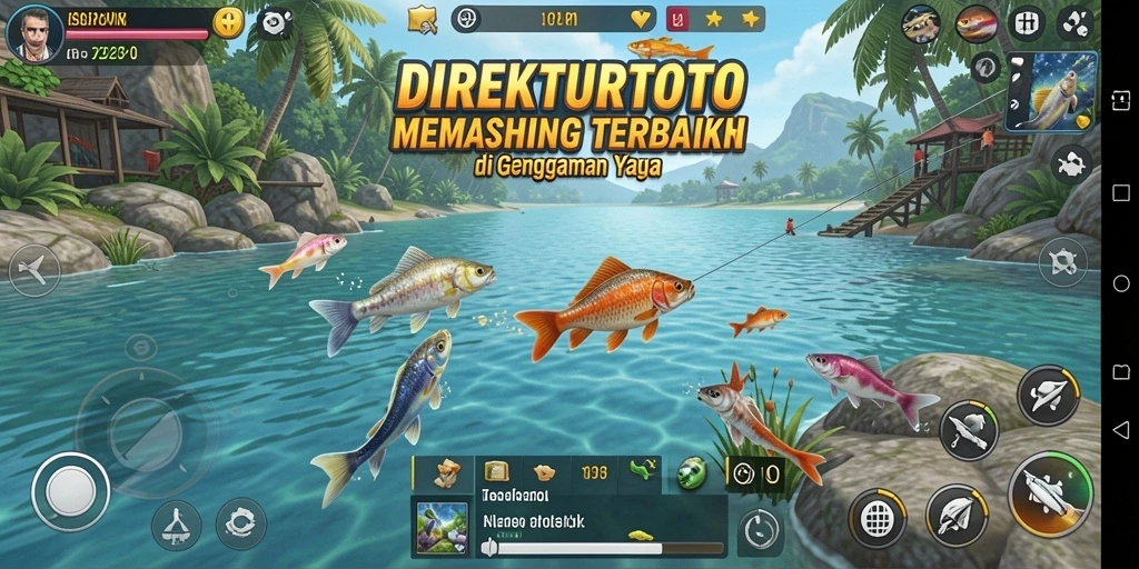 Screenshot utama DIREKTURTOTO menampilkan momen seru saat memancing di alam yang indah.