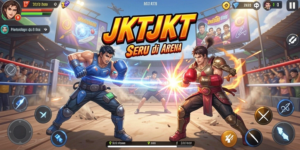 Screenshot menampilkan pertarungan seru antara dua karakter di JKTJKT.