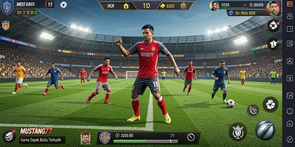 Tampilan gameplay seru dari MUSTANG77 dengan aksi sepak bola nyata.