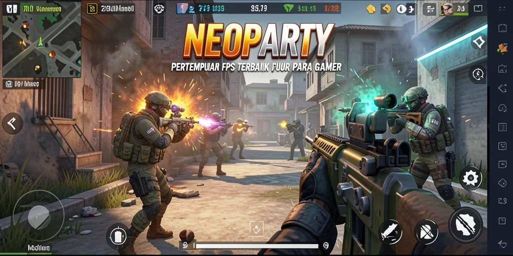 Screenshot gameplay <strong>NEOPARTY</strong> menampilkan aksi tembak-menembak yang seru.