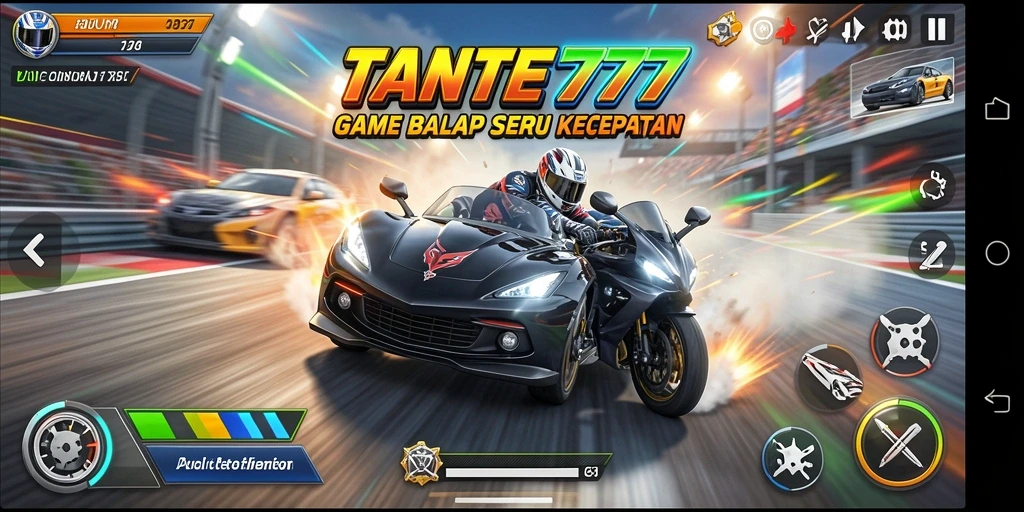 Screenshot gameplay TANTE777 yang menampilkan balapan seru di trek kota.